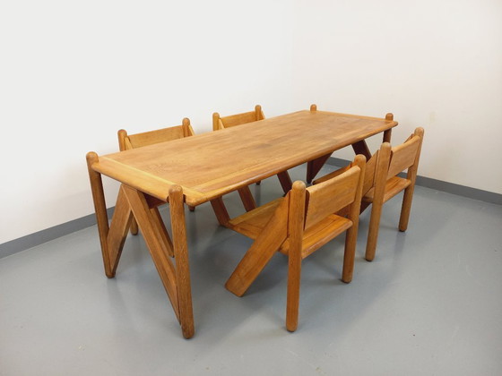 Image 1 of Exceptional suite of a large rectangular table and 4 vintage Brutalist chairs in solid oak from the 60s