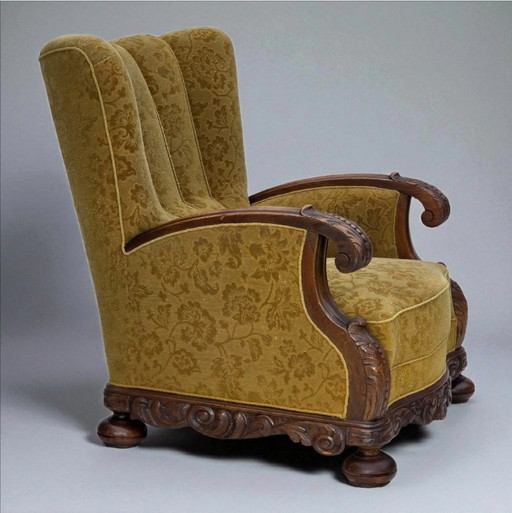 1960er Jahre, dänischer Sessel mit hoher Lehne, Möbelwolle, massives Eichenholz.