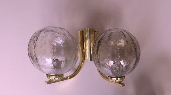 Image 1 of Mid Century Pair of Brass and Glass Double Wall Lights, 1970s