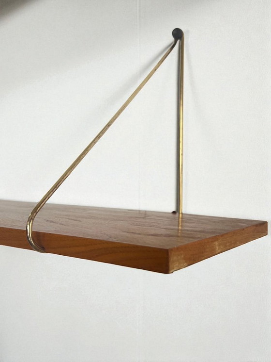 Image 1 of Vintage wooden string wall shelf with metal suspension | Mid - Century style | Open shelf | Scandinavian design