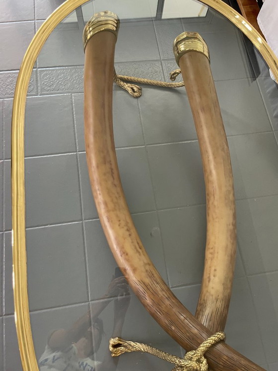Spanish 1970s Signed Valenti Faux Elephant Tusk Table with Glass Top and Solid Bronze Detailing (photo 12 of 15)