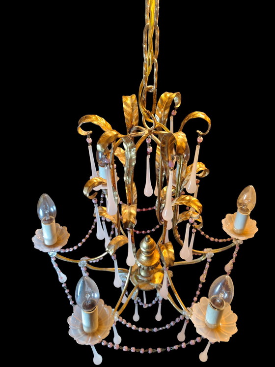 Image 1 of Murano-style pink opal glass lighting set – 6-light chandelier + 2 wall lights