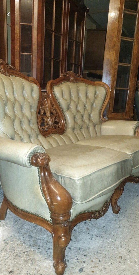 Baroque Biedermeier Leather Sofa – 2 seaters, Wood (photo 4 of 6)