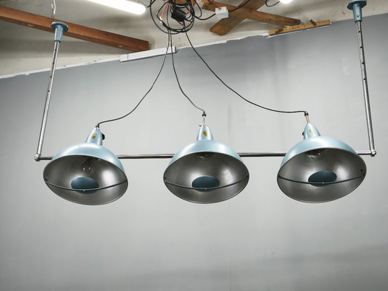 A.L.F. Firenze Italian Industrial Three-Light Chandelier, 1970s – Metal (photo 3 of 11)