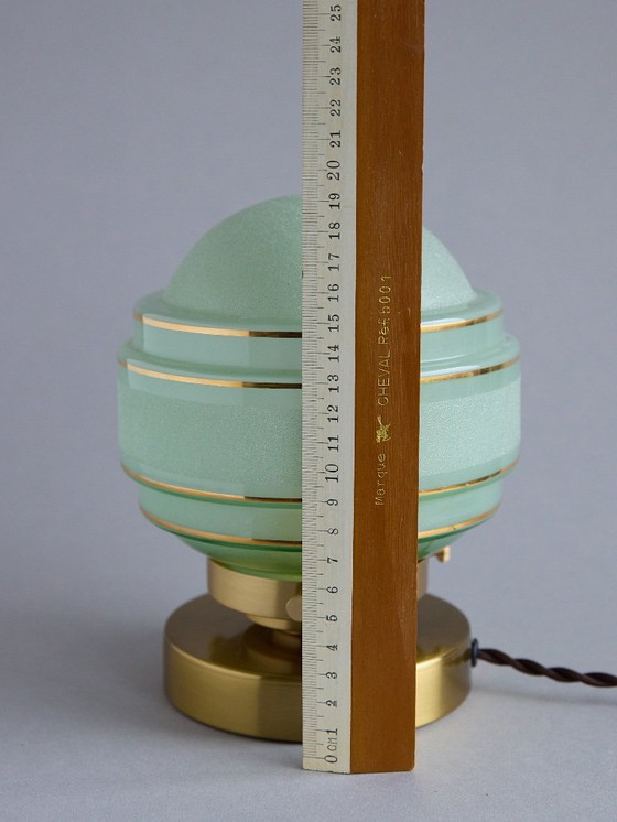 Image 1 of Lampada da tavolo in vetro satinato verde e oro