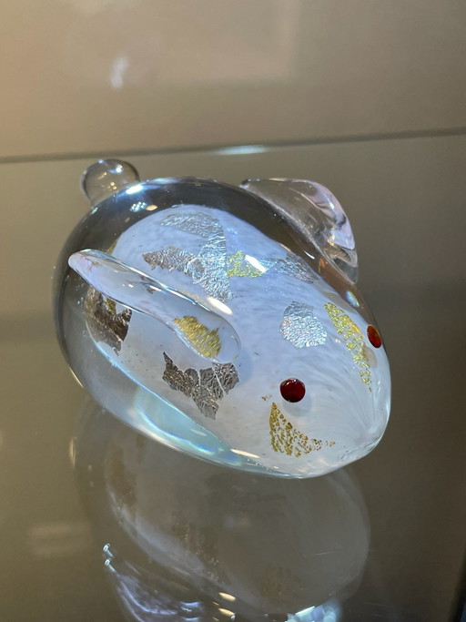 Figurine japonaise en verre souris ou lapin avec feuille d'or et d'argent