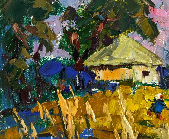 Image 1 of Original Oil Painting Summer Houses Landscape Village evening tranquility