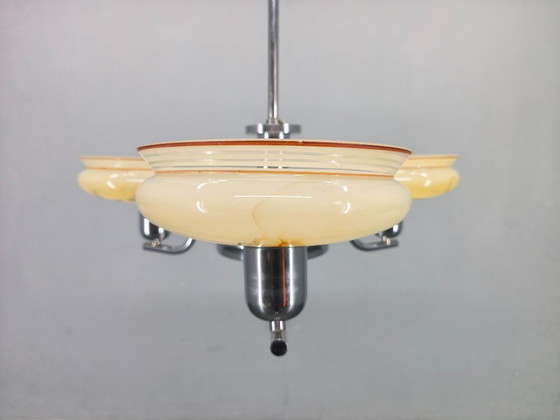 Image 1 of Art Deco Chandelier by Napako, Chrome & Marble Glass, 1930s