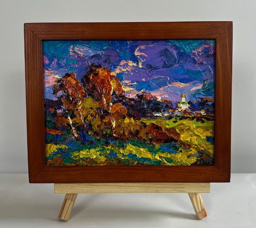 Original Oil Painting Evening Church Landscape Autumn breeze in the forest