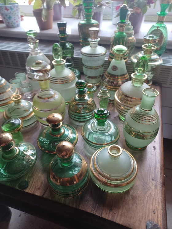 Image 1 of Huge vintage green gold glass collection, 50s Booms glass decanters and vanity jars lot De Rupel