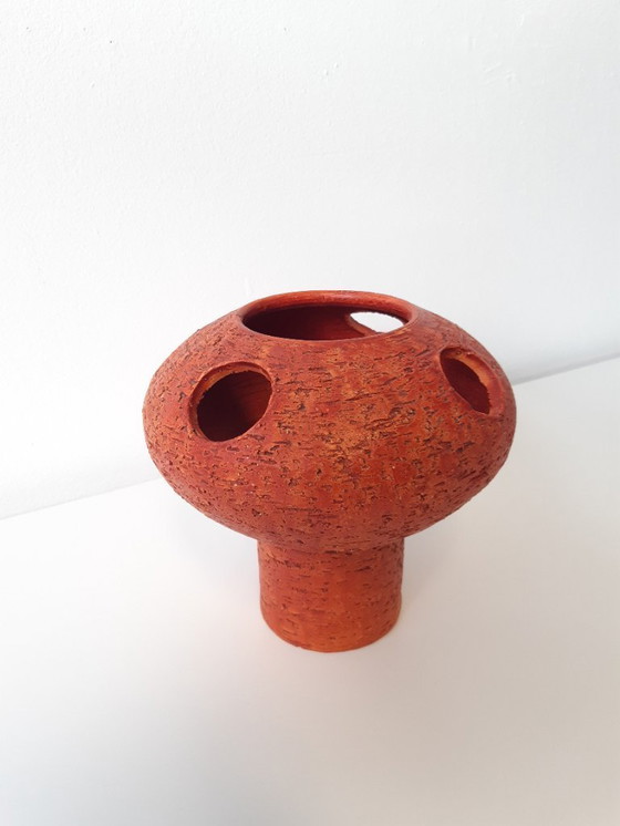 Image 1 of Keramieken vintage tafellamp, chamotte klei, oranje brutalist aardewerken mcm lamp