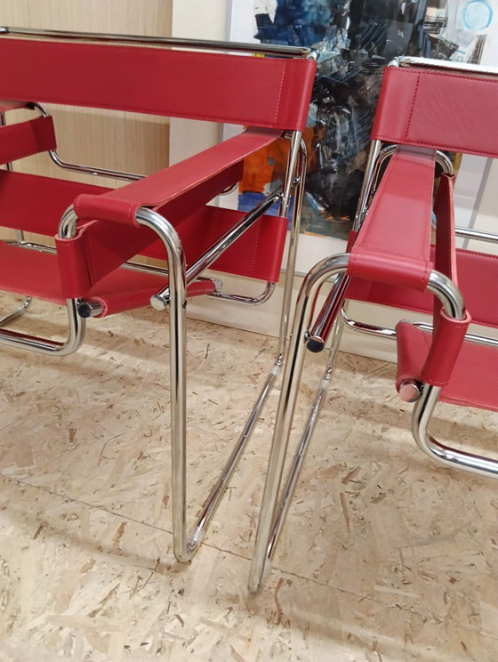 Image 1 of KNOLL Studio Set van 2 WASSILY B3 fauteuils (NIEUW) in rood leer