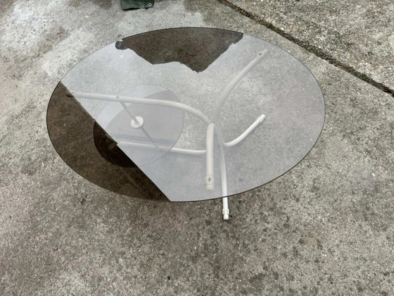 Vintage Oval Table with Metal Legs and Smoky Glass Top, Coffee table books, Scandinavian (photo 7 of 7)