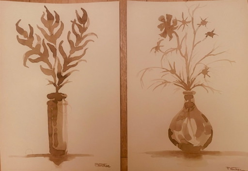 Set of 3 still life paintings with vases of dried flowers, Wabi Sabi style