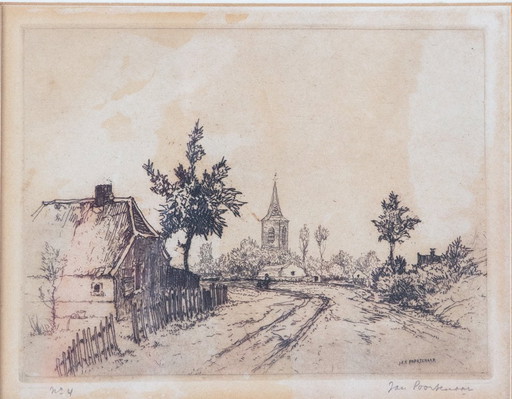 Jan Poortenaar – Dutch rural landscape with farmhouse – etching – signed