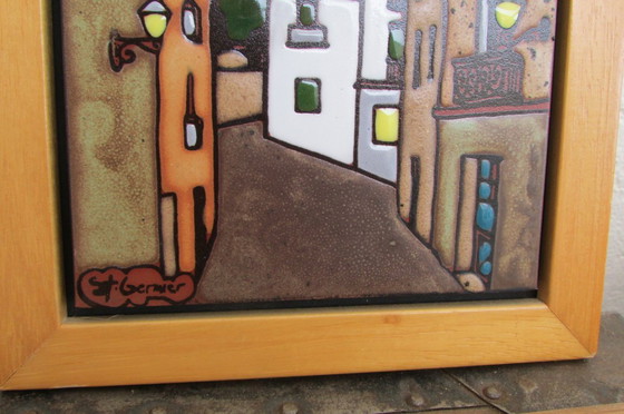 Image 1 of Ingelijst, geglazuurd aardewerk, set van twee, Spaanse kunstenaar