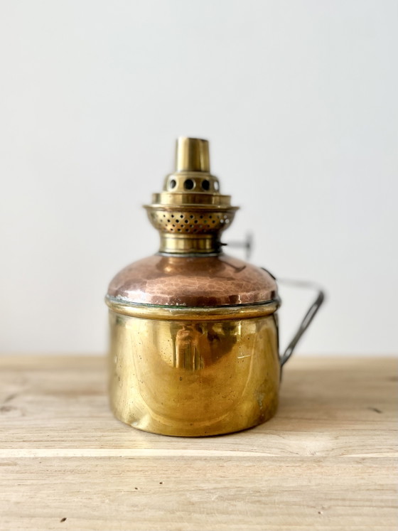 Image 1 of Antique Brass & Hammered Copper Oil Lamp · 19th Century · Hand Crafted Burner · French Oil Lamp Base · Victorian Lamp 