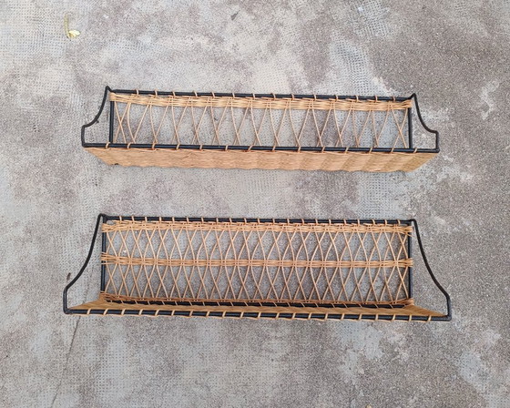 Image 1 of Pair of Vintage Raoul Guys Rattan Wall Shelves, French Mid Century Woven Bamboo Shelving, Boho Modernist Decor
