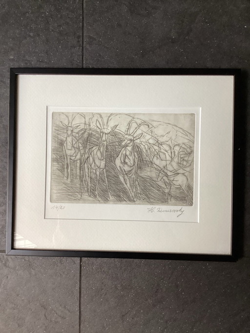 Gravure Originale Henri Nemirovsky - “ Les Gazelles “ Signée à la Main & Numérotée 14/20 - Animaux Abstraits ( 34x28 )