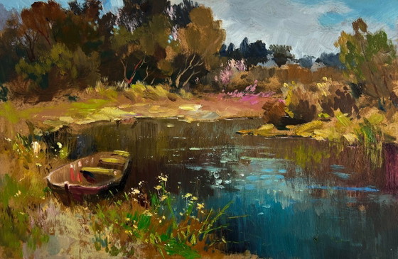 Image 1 of Original Oil Painting Autumn Lake Landscape Preparing for a boat trip