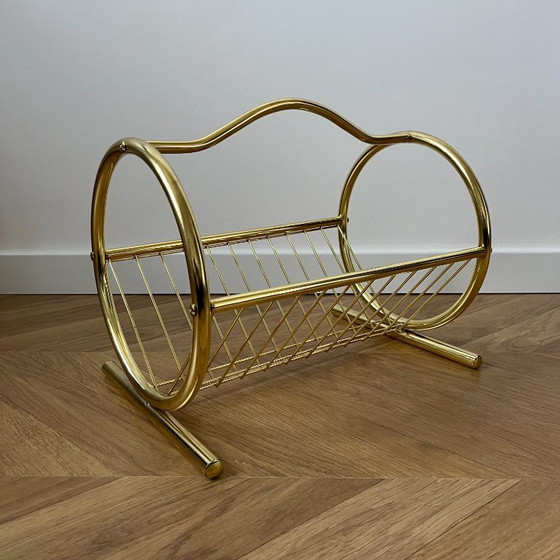 Image 1 of Gold Mid Century Magazine Rack: 70s Vintage Newspaper Holder