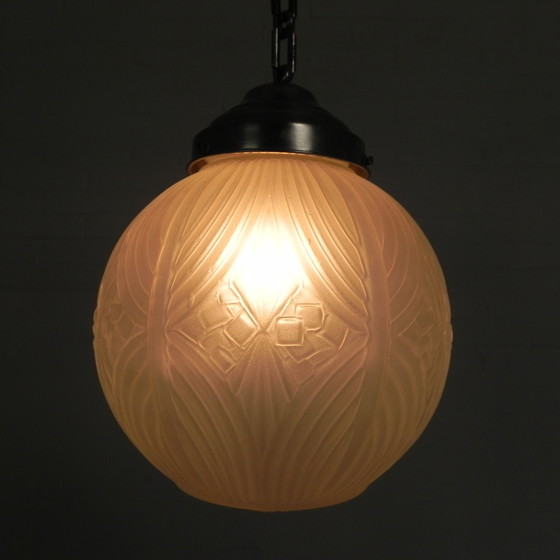 Image 1 of Art Deco pendant lamp with round sphere with geometric patterns, 1930s