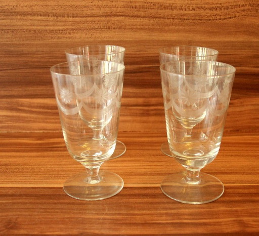 4 bicchieri a calice antichi con incisione fatta a mano ca. 1900