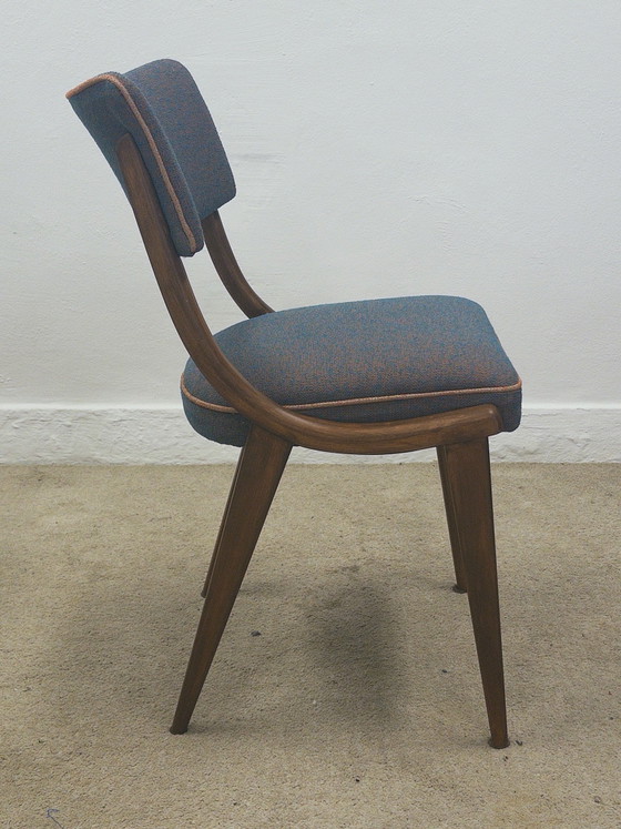 Mid century eetkamerstoelen, Hout, Textiel, Turquoise (foto 6 van 9)