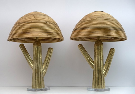 Pair of Hollywood Regency Rattan and Brass Cactus Lamps, Italy, 1990s