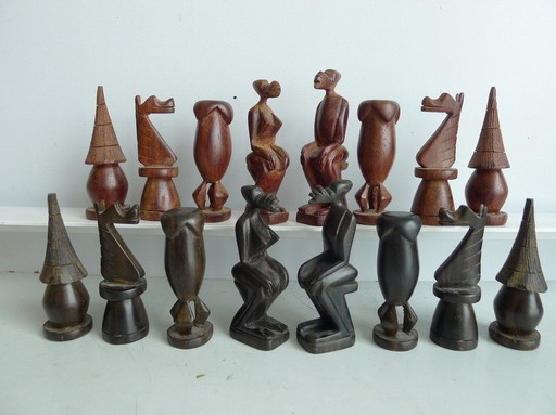 Jeu d'échecs Art Tribal Gabon 40 cm, teck et ébène