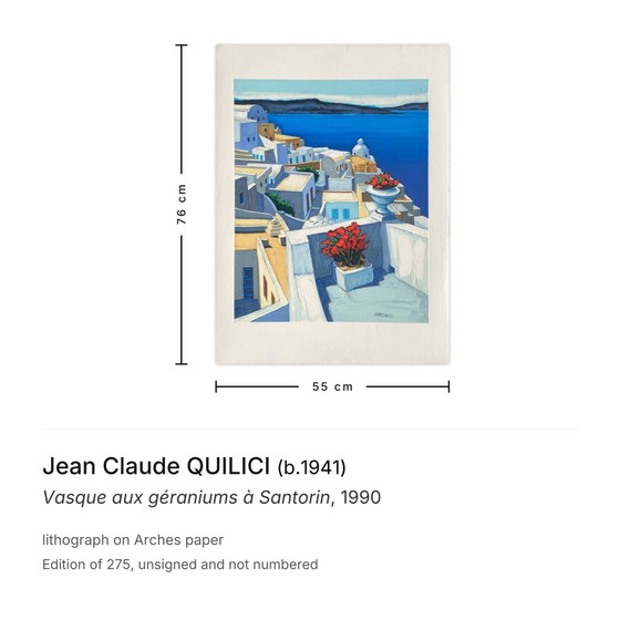 Image 1 of Jean Claude Quilici, Cuenca con geranios en Santorini, litografía, 1990