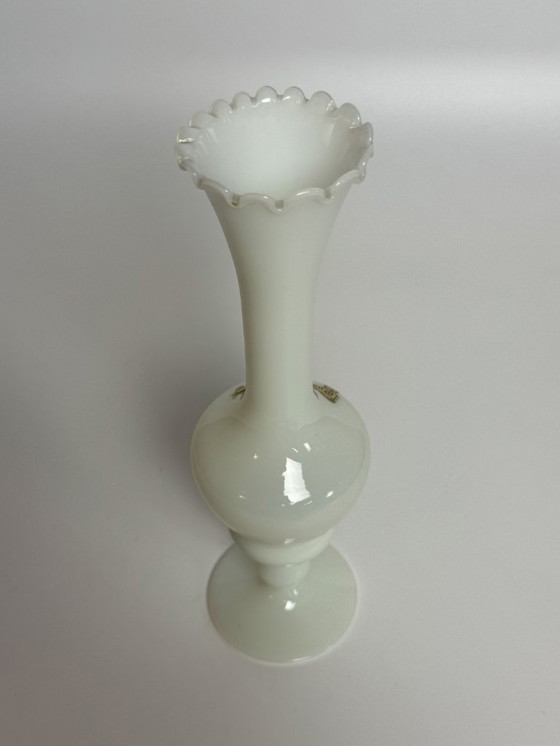 Image 1 of Elegant Italian Opaline Glass Rose Vase with Scalloped Rim, attributed to Stelvia. Italy, 1960s