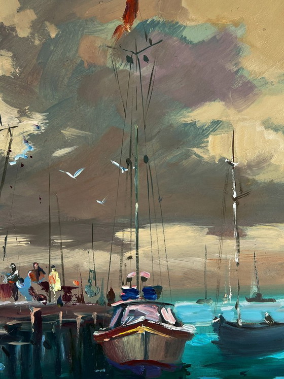 Image 1 of Peinture à l'huile originale représentant un paysage marin avec des yachts et des bateaux au quai