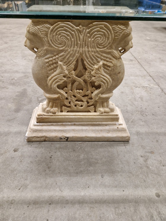 Image 1 of Classic coffee table with glass top and marble pedestals | 109 x 68 x 52 cm