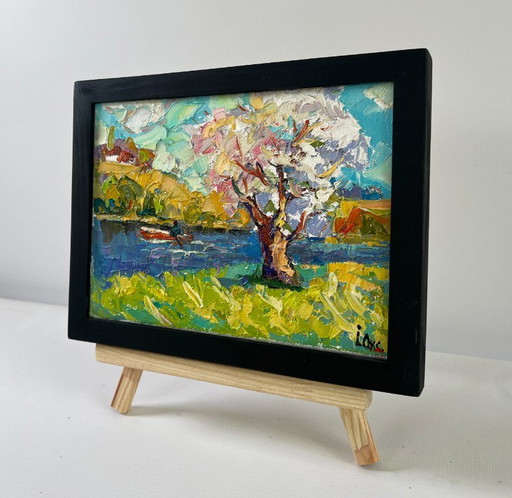 Original Oil Painting River Coastal Landscape Early spring morning