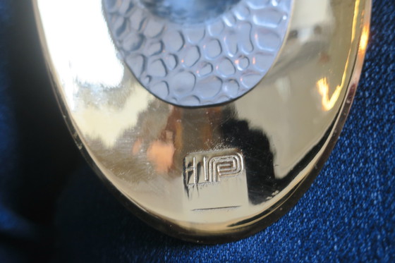 Image 1 of Vintage Italian Inscribed Leather and Gold-Plated Brass Cobra Table Lamp, 1970s