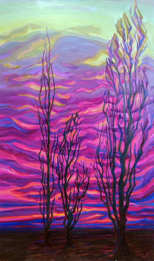 Peinture à l'Huile Originale Expressionnisme Paysage Lueur du Coucher de Soleil