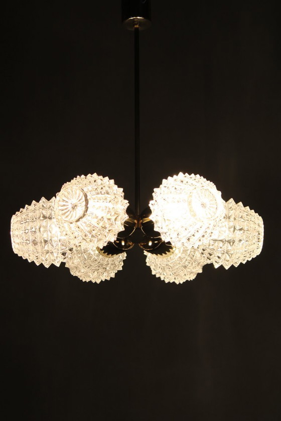 Image 1 of Mid Century Sputnik Brass Glass Chandelier, 1970s Czechoslovakia