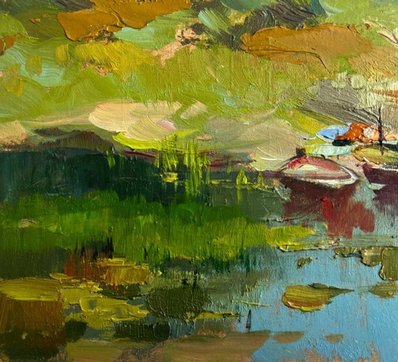 Image 1 of Original Oil Painting Summer Lake Landscape Take a swim in a summer lake