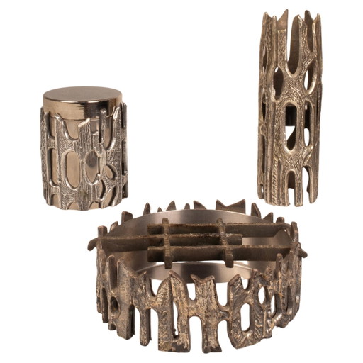 Brutalist Silvered Bronze Table Set by Morbelli, Italy, 1970s