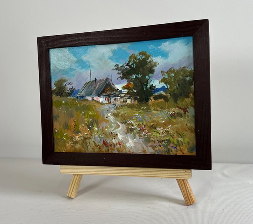 Origineel olieverfschilderij: Landschap met zomerhuis en wilde bloemen in de buurt van het huis.