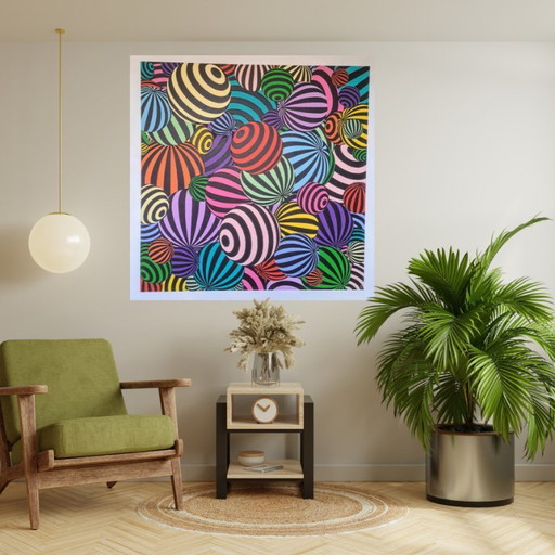 Op-Art schilderij ‘Boules’ van Franklin van Dam – Kleurrijk modern kunstwerk – Acryl op MDF – 95 x 95 cm