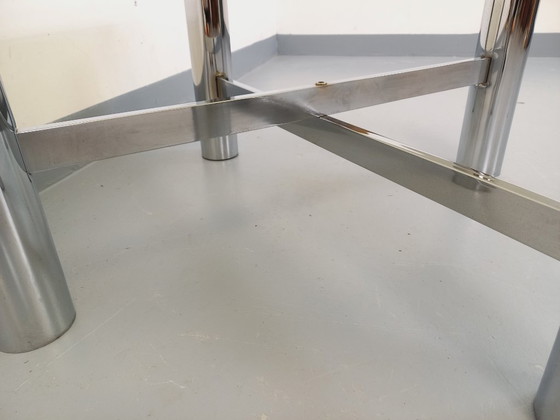 Image 1 of Vintage Italian square Space Age coffee table in smoked glass and chrome metal from the 1970s