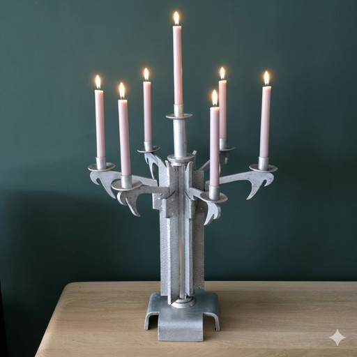 Unieke grote vintage brutalistische aluminium kandelaar — toegeschreven aan Helmut Schluter — 7 kaarsen — Duitsland - Handgemaak