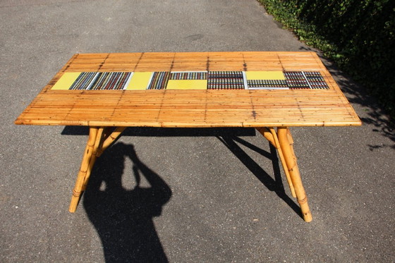 Image 1 of Table haute en céramique et rotin de Audoux Minet et Roger Capron