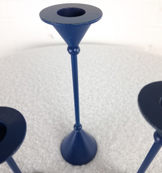 Image 1 of Set of 3 diabolo candlesticks Memphis Milano 1980s blue