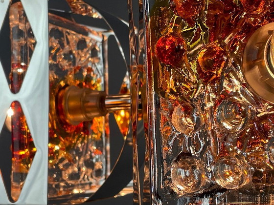 Image 1 of Toni Zuccheri per Mazzega, lampada a sospensione a tre luci in vetro di Murano e cromo degli anni Settanta.