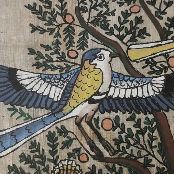 Image 1 of Vintage Hand-Painted Egyptian Papyrus Artwork with Birds – Framed