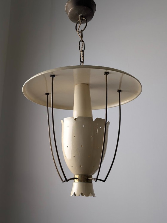 Image 1 of Lámpara colgante italiana de metal perforado con detalles de latón, década de 1940.