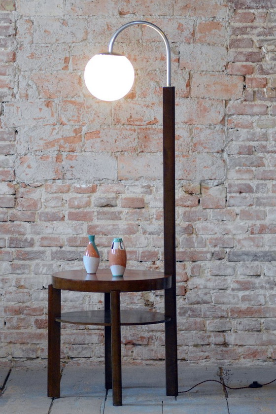 Restaurierte Art-Deco-Stehlampe, Buche, Nussbaum, neue Elektrifizierung, Tschechien, 1930er Jahre (photo 3 of 10)